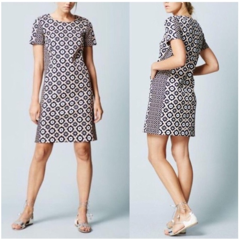 Boden Women's Pippa Floral Shift Knee Length Dress Pockets Navy Blue Peach Sz 12